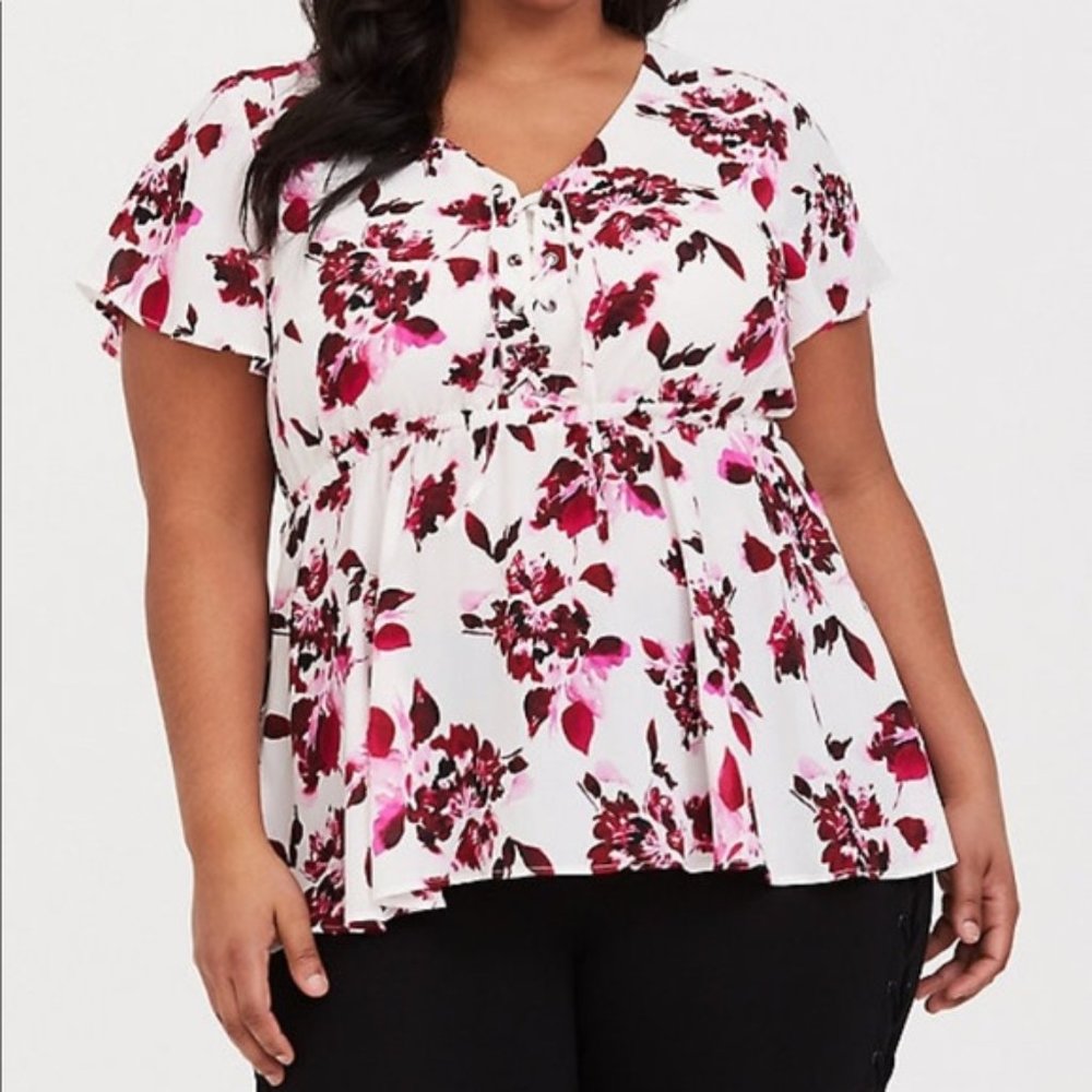 torrid white floral LACE-UP PEPLUM MIDI TOP